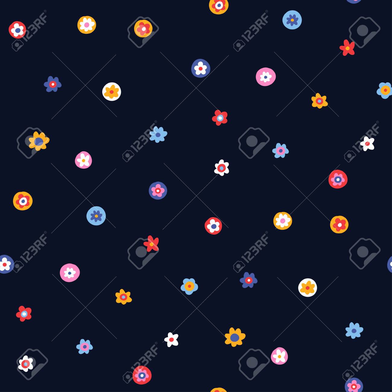 暗い青色の背景 デザイン 布のシームレスなパターンの小さなシンプルな花の多色の飾り のイラスト素材 ベクタ Image