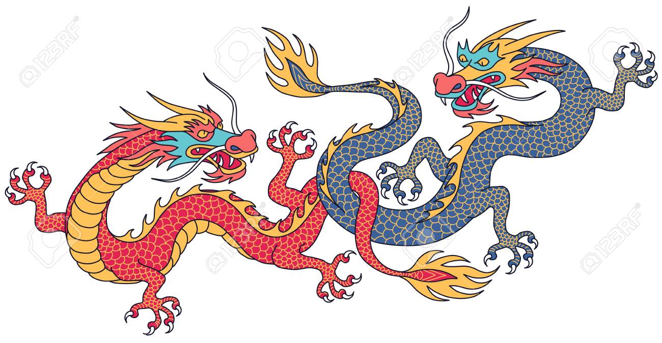 2匹の中国のドラゴンが戦っている 白い背景に隔離漫画のキャラクター のイラスト素材 ベクタ Image