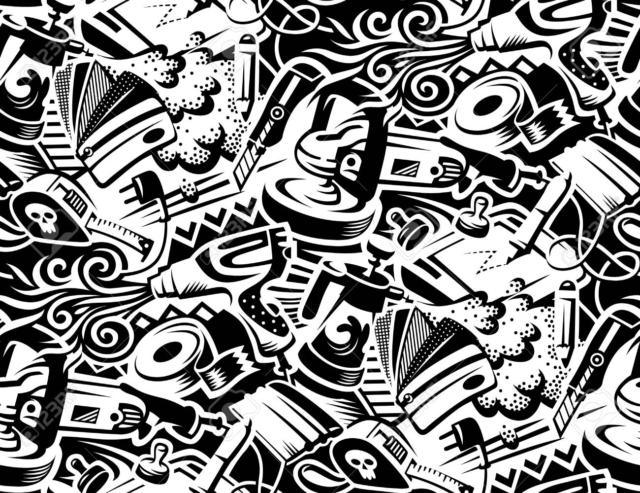 Tools for vinyl film pasting of car. Graffity style illustration. Seamless pattern for your design - 102987012 Tools for vinyl film pasting of car. Graffity style illustration. Seamless pattern for your design - 102987012