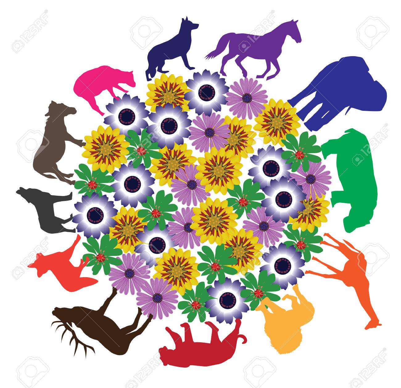 花の地球の周りの動物のシルエットをベクターします のイラスト素材 ベクタ Image