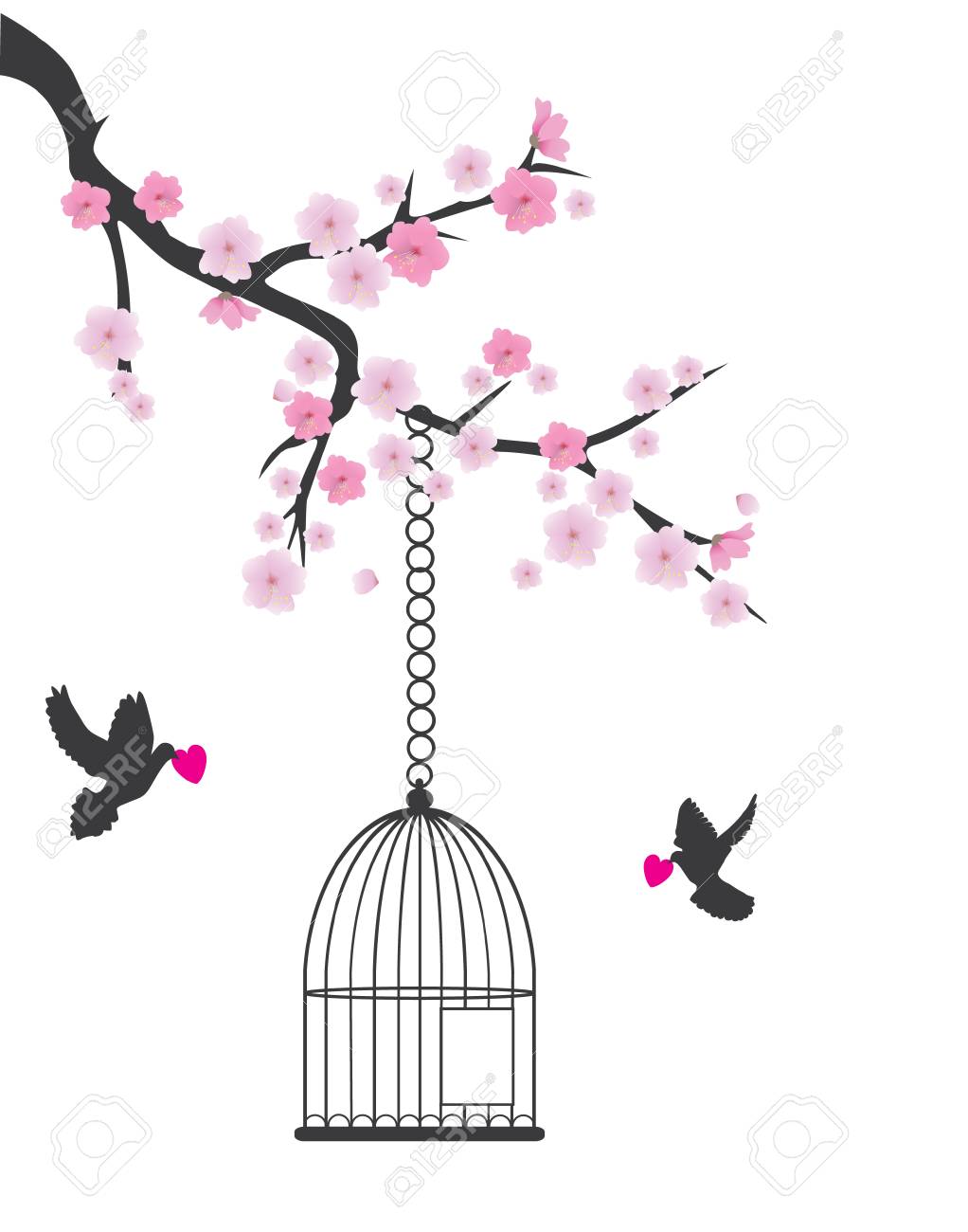 Vecteur De Fleurs De Cerisier Branche Avec Cage à Oiseaux Ouverte Et Colombes Tenant Coeurs