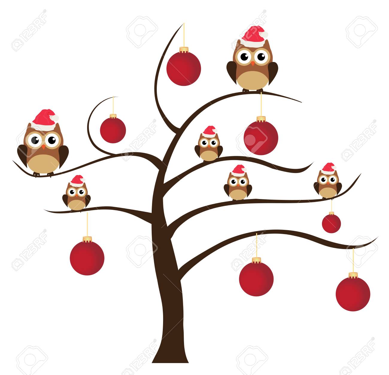 vector tree with owls in santa hats and red christmas tree balls christmas owls with santa hat
