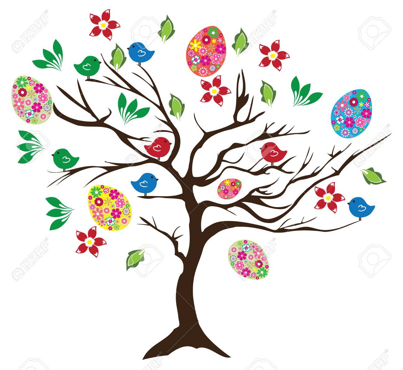 卵 鳥と花のイースター ツリーの図 のイラスト素材 ベクタ Image