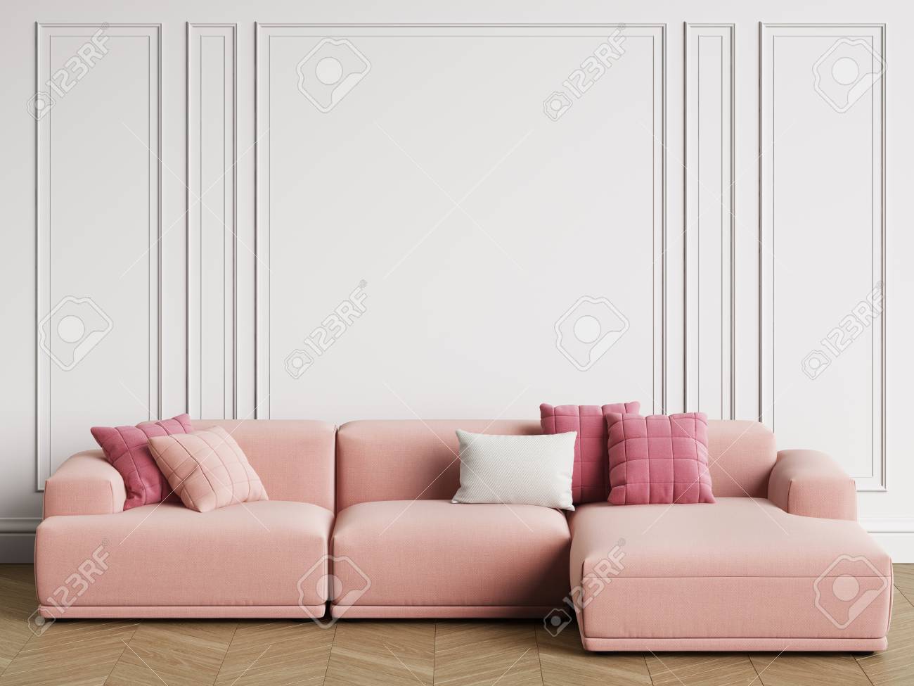 Modern Scandinavian Design Sofa In Interior. Walls With Moldings ... Modern Scandinavian Design Sofa In Interior. Walls With Moldings ...