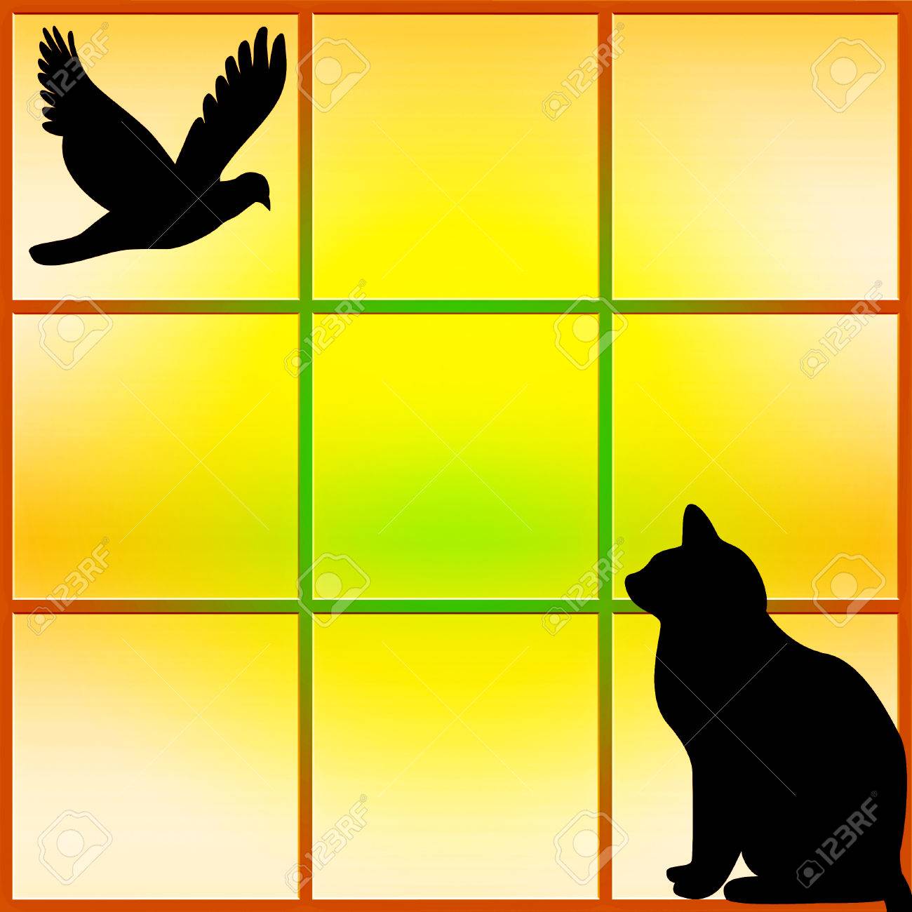 Silhouette D Un Chat Noir Assis Dans La Fenetre A Regarder Un Oiseau Coucher Du Soleil Abstrait Banque D Images Et Photos Libres De Droits Image