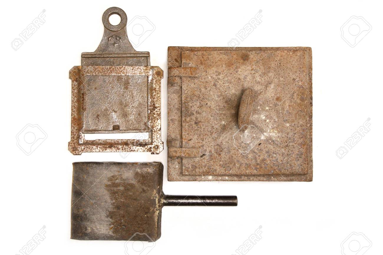 Vintage Stove Door And Fireplace Irons On White Stock Photo Picture