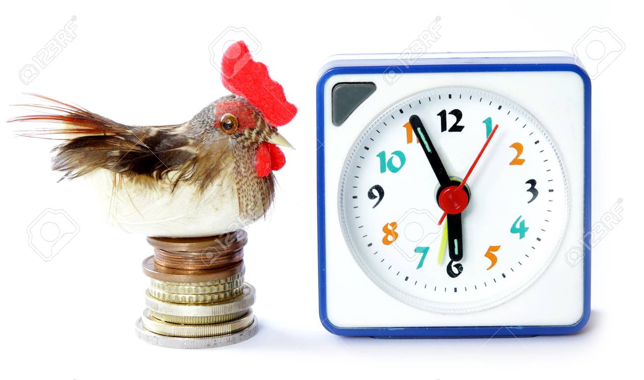 Early bird catches gets the worm proverb representing alarm clock on 6 am with bird and money - 47256924 Early bird catches gets the worm proverb representing alarm clock on 6 am with bird and money - 47256924