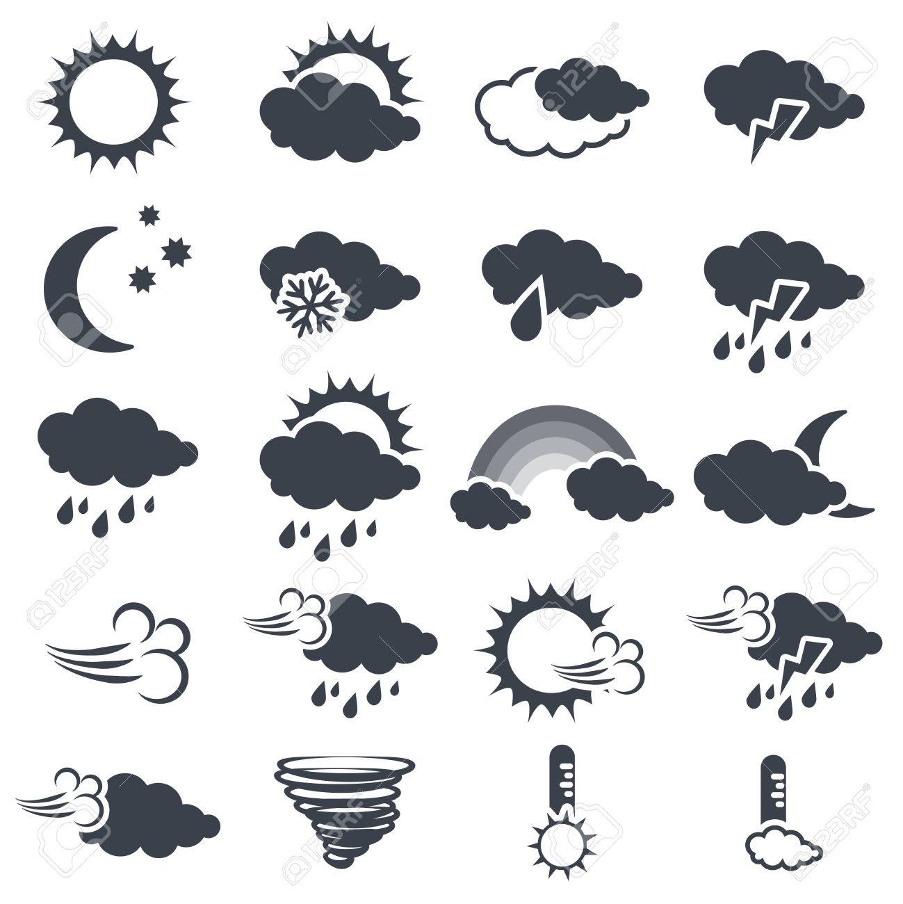 様々 な暗い灰色の天気記号 予測 太陽 雲 雨 月 雪 風 旋風