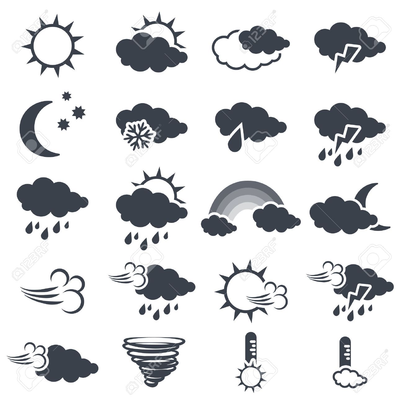 Vector Set Of Various Dark Grey Weather Symbols, Elements Of Forecast -  Icon Of Sun, Cloud, Rain, Moon, Snow, Wind, Whirlwind, Rainbow, Storm,  Tornado, Thermometer - Illustration Royalty Free SVG, Cliparts, Vectors,