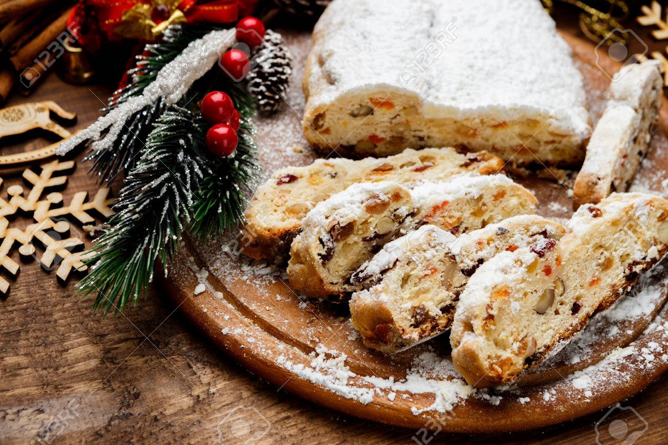 traditional German cake with raisins Dresdner stollen. Christmas treat - 63703170 traditional German cake with raisins Dresdner stollen. Christmas treat - 63703170
