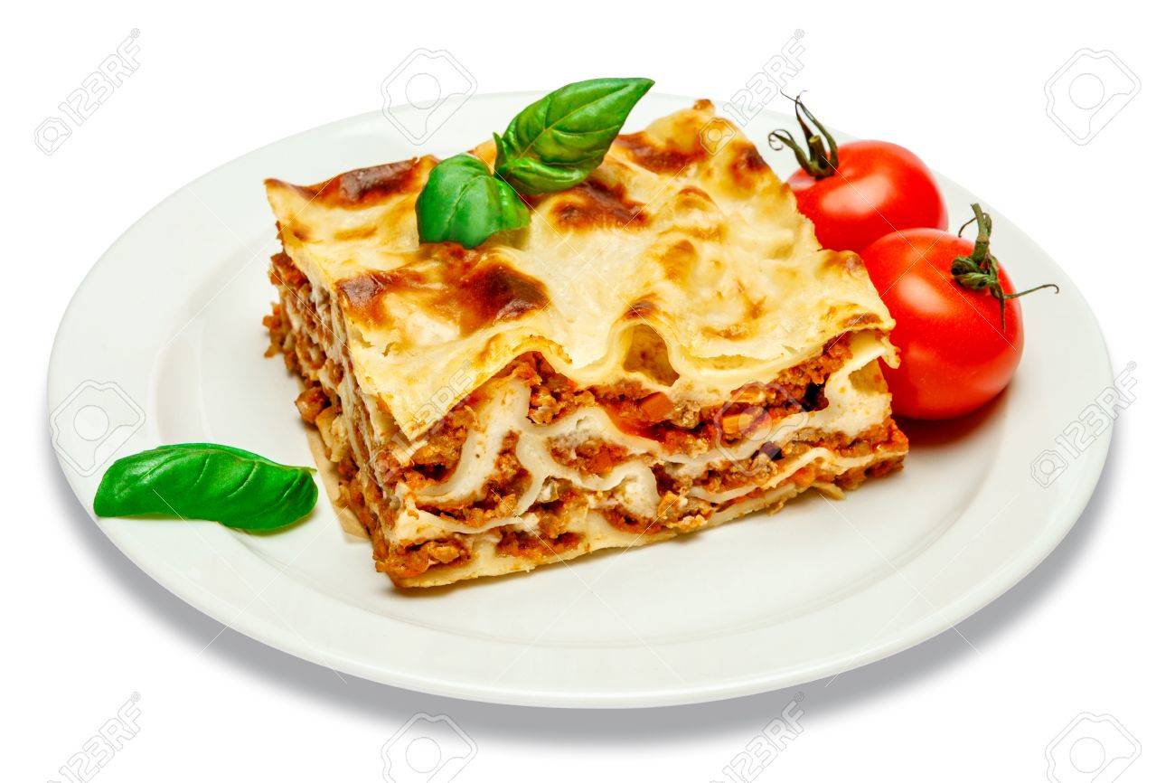 Portion of tasty lasagna isolated on white - 77659179 Portion of tasty lasagna isolated on white - 77659179