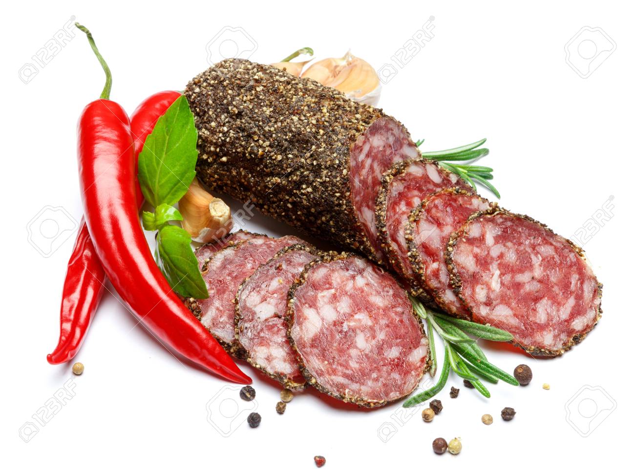 Download Dried Organic Salami Sausage Covered With Pepper On White Background Stock Photo Picture And Royalty Free Image Image 98461457 Yellowimages Mockups
