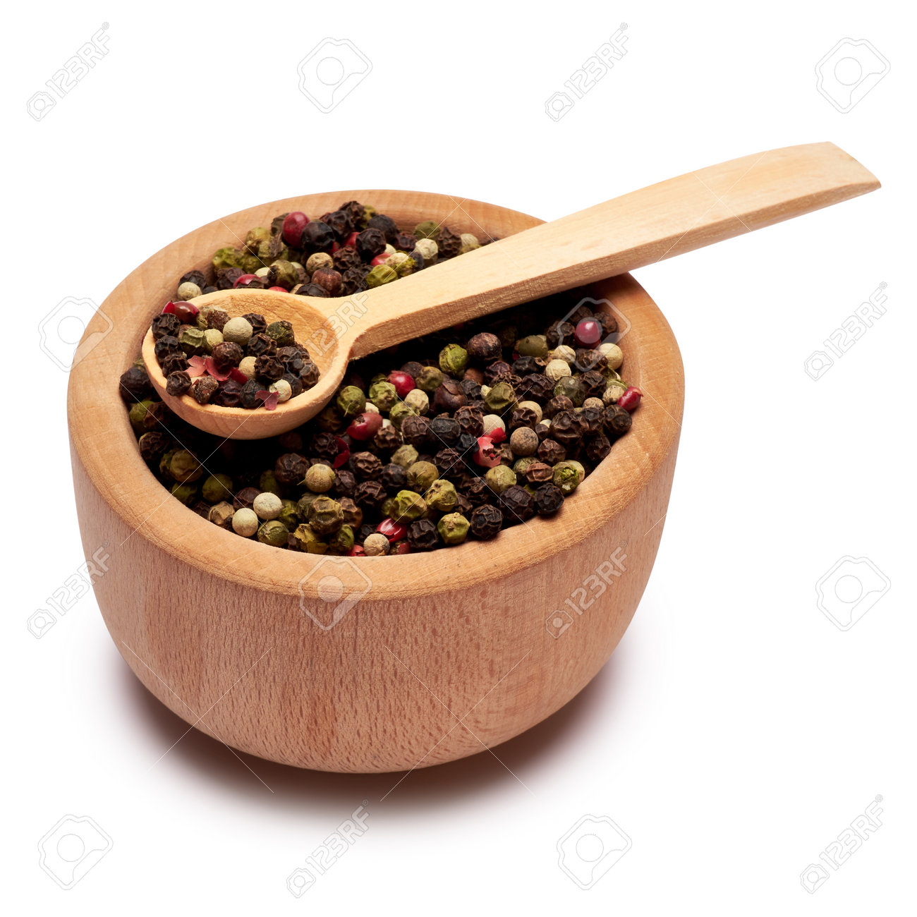 black round pepper spice in wooden bowl or mortar on white background - 169835435 black round pepper spice in wooden bowl or mortar on white background - 169835435