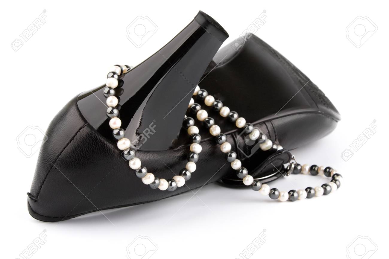 black high heels with pearls