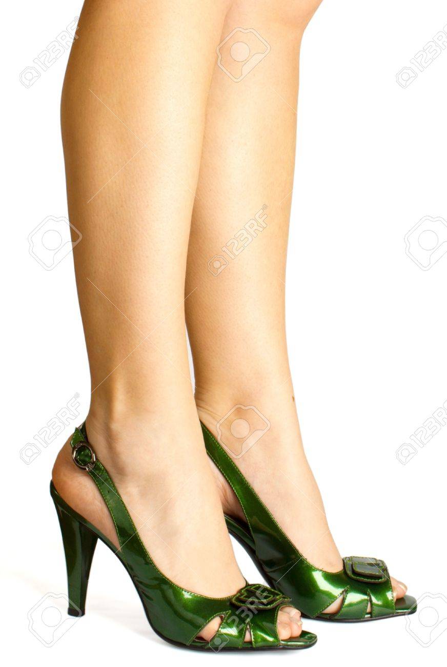 green leather high heels