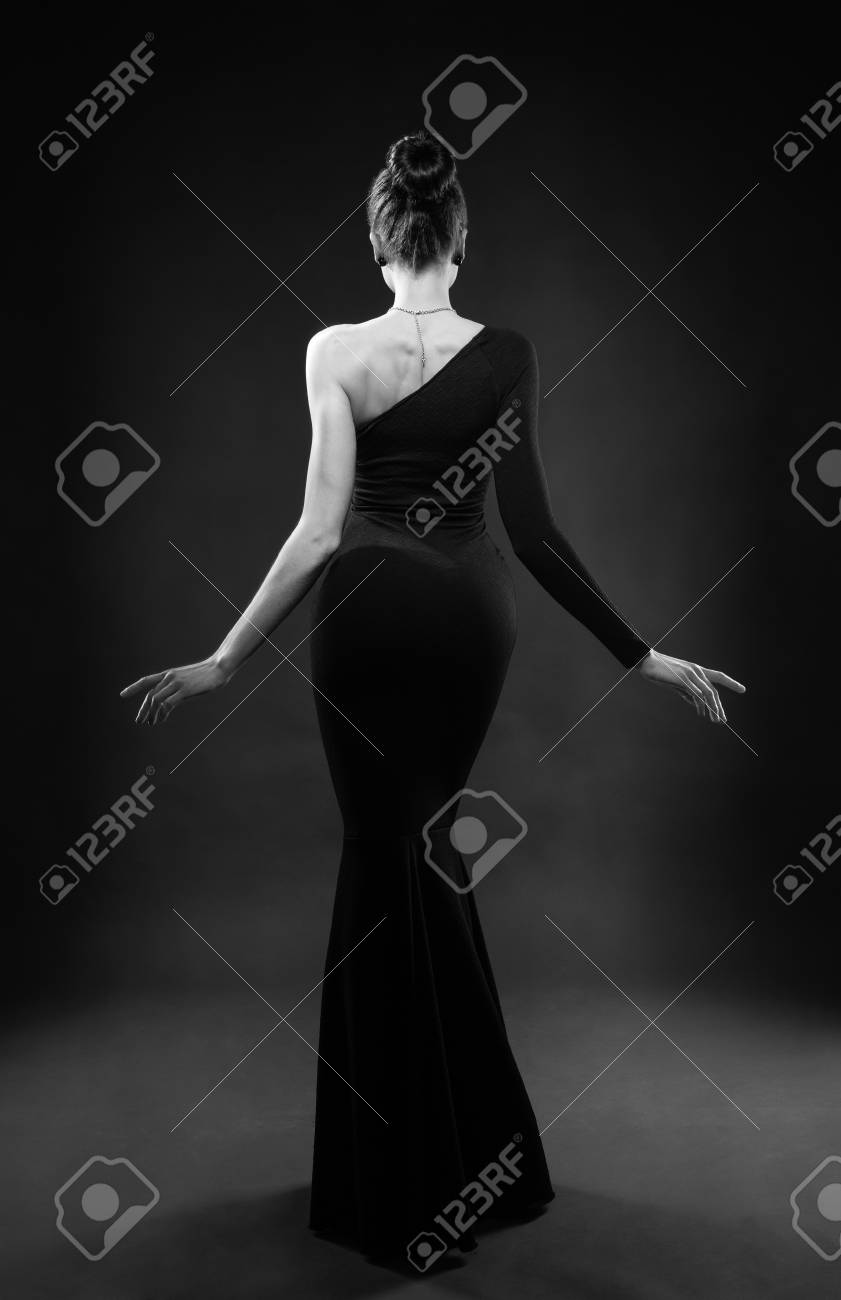 Beautiful Woman Model Posing In Elegant Dress In The Studio, Back 