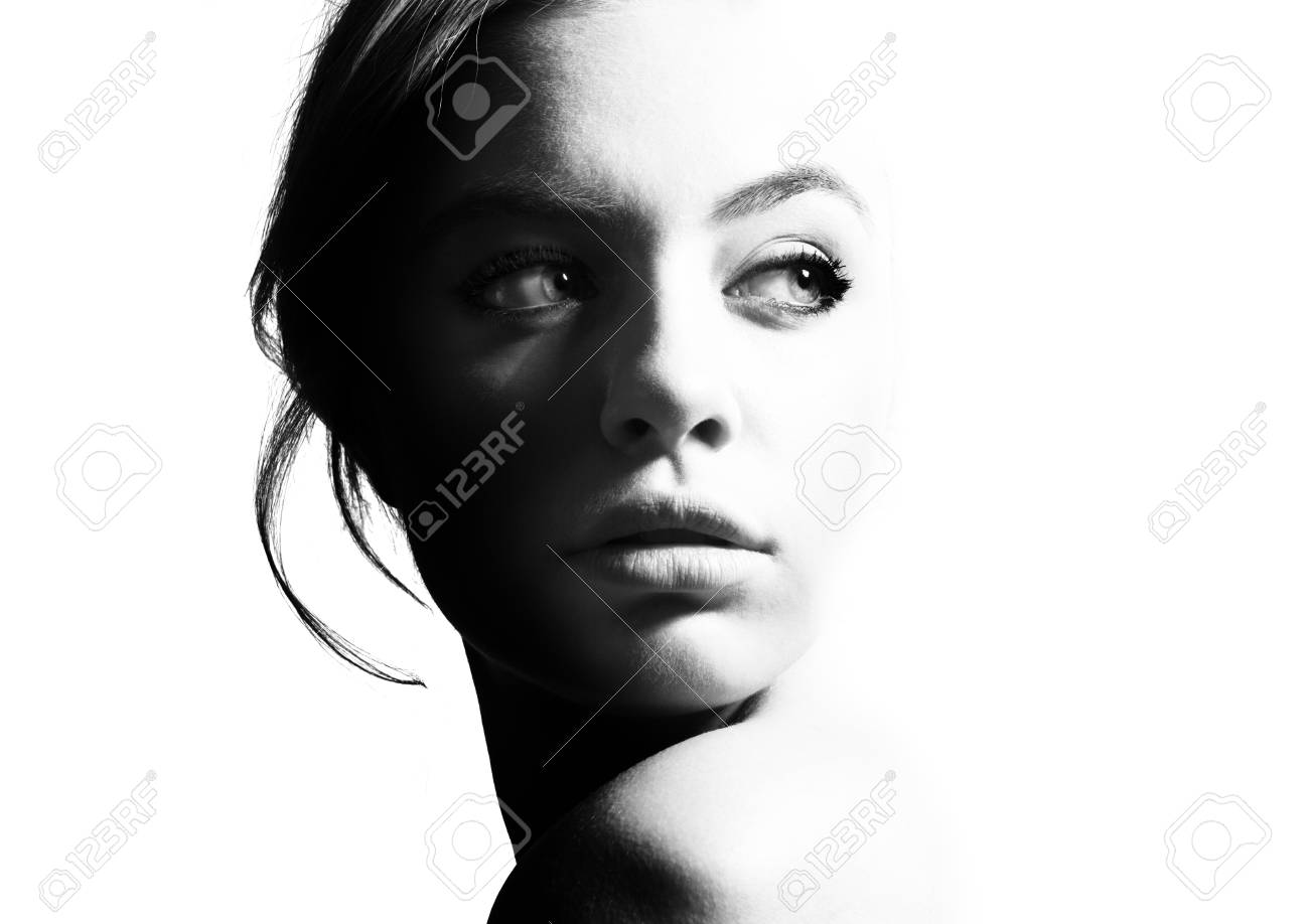 High contrast black and white portrait of a beautiful girl stock photo 91240648