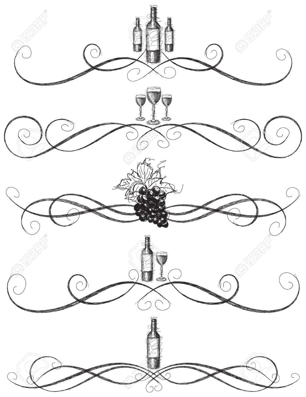 Sketchy wine scrollwork, Sketchy, hand drawn wine bottle, wine glasses, and grapes with decorative vine scrolls - 36929292 Sketchy wine scrollwork, Sketchy, hand drawn wine bottle, wine glasses, and grapes with decorative vine scrolls - 36929292