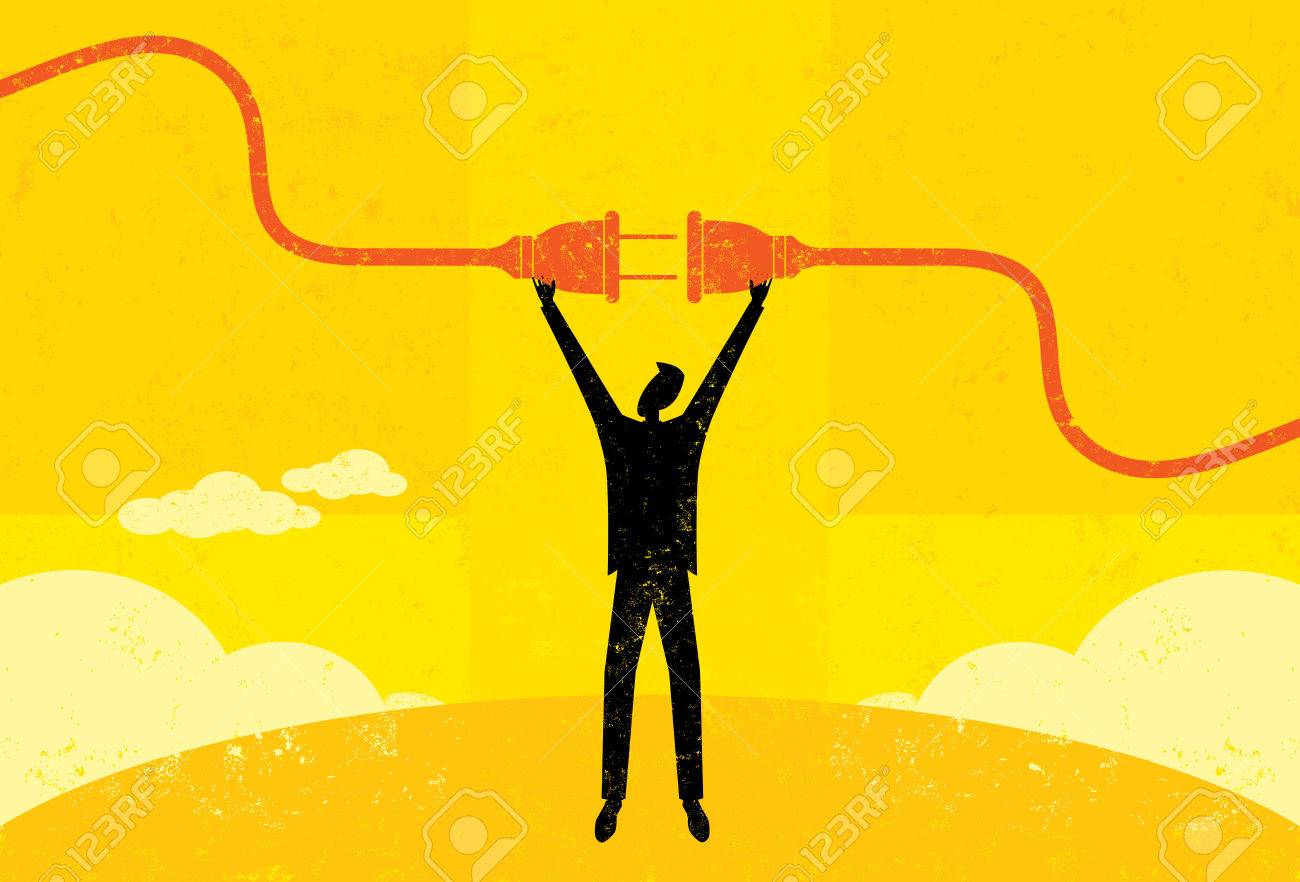 Getting Plugged In, A businessman connecting a power cord. The man and electric plug are on a separate labeled layer from the background. - 37152240 Getting Plugged In, A businessman connecting a power cord. The man and electric plug are on a separate labeled layer from the background. - 37152240