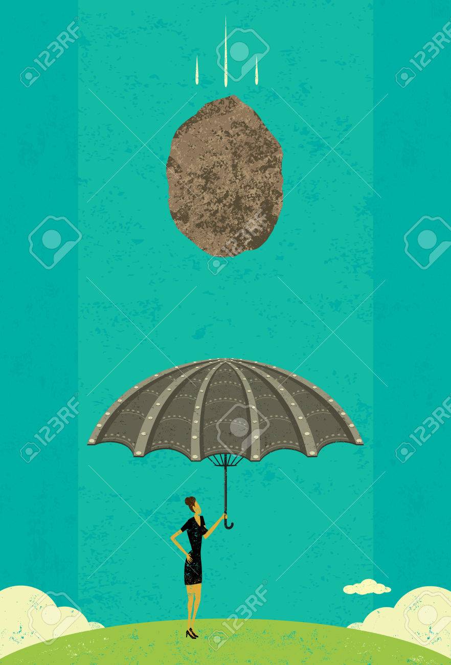Catástrofe Protección, Una Mujer De Negocios Que Sostiene Un Paraguas Su Contra Catástrofes, Se Encuentra Con Confianza Bajo Enorme Roca Que Viene Su Camino. La Mujer Y La