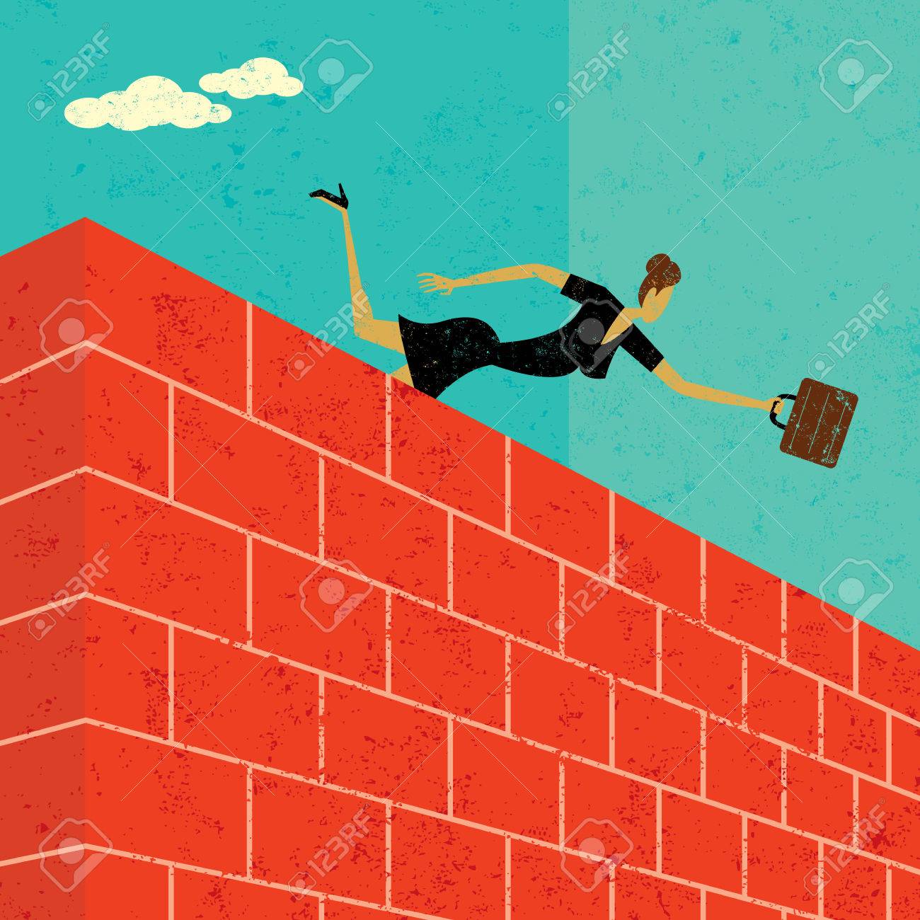 彼女の目標を達成するためにレンガの壁を飛び越える実業家 レンガの壁を飛び越えます 女性 壁は背景から別のラベルのレイヤーです のイラスト素材 ベクタ Image