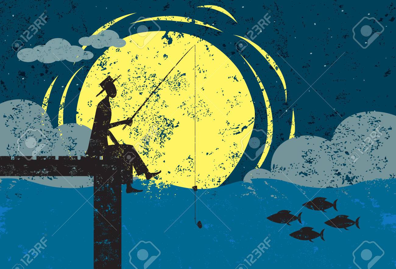 月夜のドックで釣り釣り月明かりの下でドックの最後に男 男 ドック 魚は 別のレイヤーに背景からです のイラスト素材 ベクタ Image