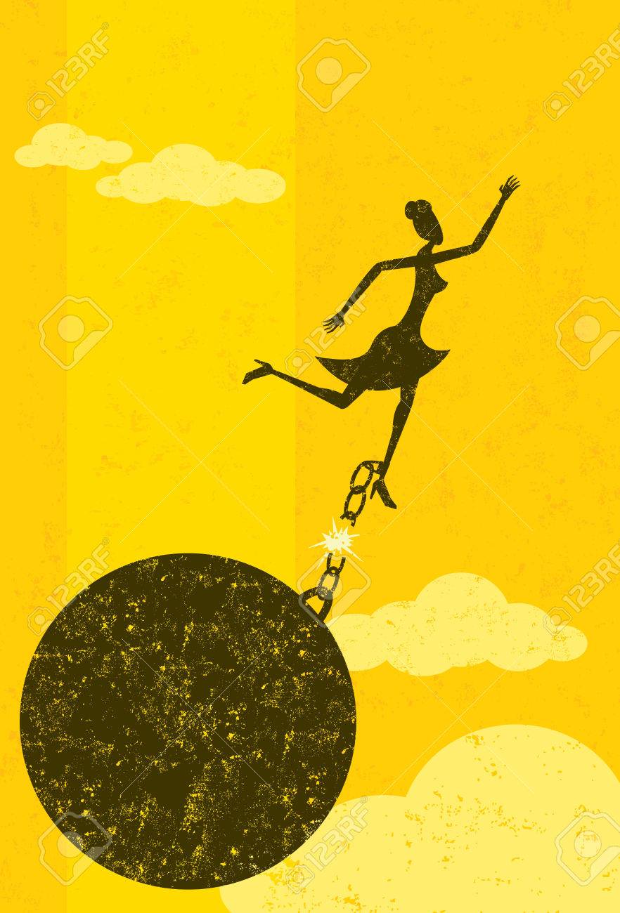 Breaking free from the ball and chain, A businesswoman escaping from her ball and chain. The woman with ball & chain and the background are on separately labeled layers. - 38423009 Breaking free from the ball and chain, A businesswoman escaping from her ball and chain. The woman with ball & chain and the background are on separately labeled layers. - 38423009