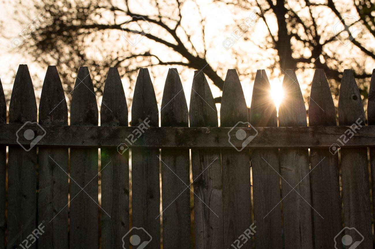 Uncategorized Old Fencing the sun peeks through tips of an old fence vintage styled background stock photo 19551782