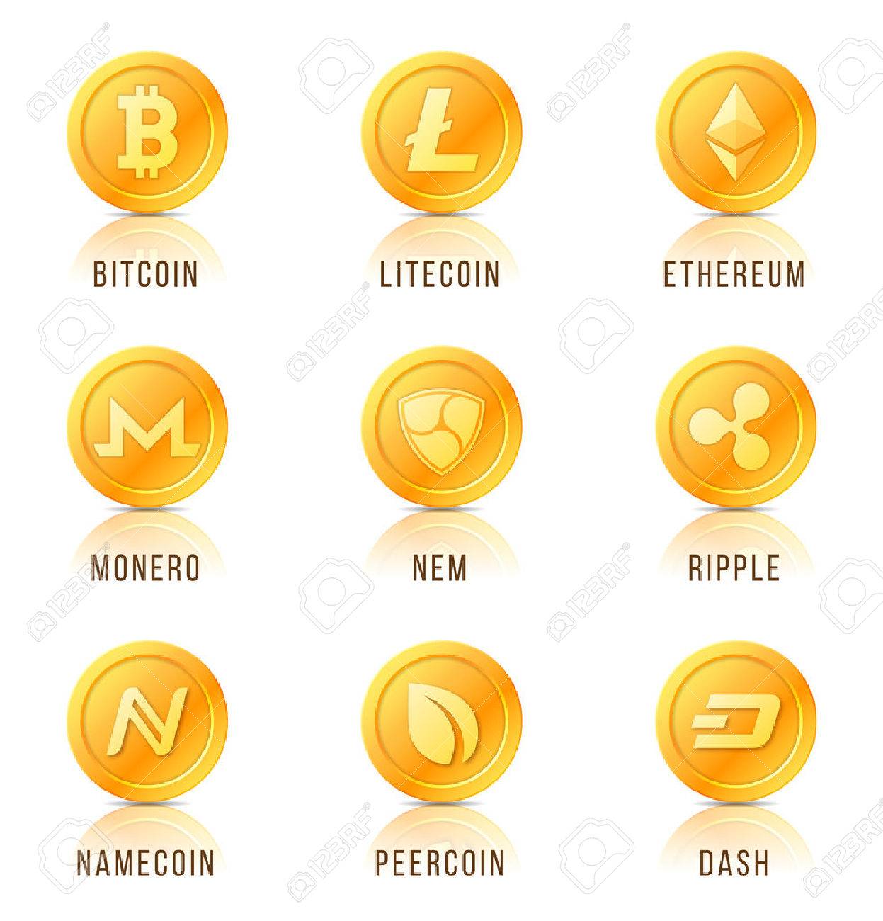 Cryptocurrency 동전 기호, 아이콘, 표지판, 엠 블 럼 집합입니다. 벡터 일러스트 레이 션. 로열티 무료 사진, 그림,  이미지 그리고 스톡포토그래피. Image 82243537