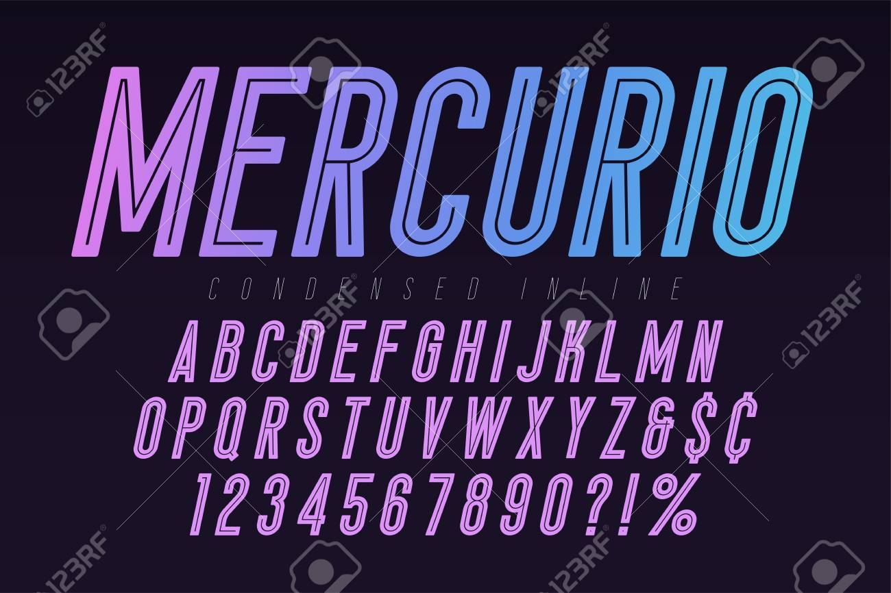 Mercurio 인라인 글꼴, 서체, 알파벳. 포스터 디자인, 제목, 아이콘에 대한 압축 된 원본 조판. 로열티 무료 사진, 그림,  이미지 그리고 스톡포토그래피. Image 101188271