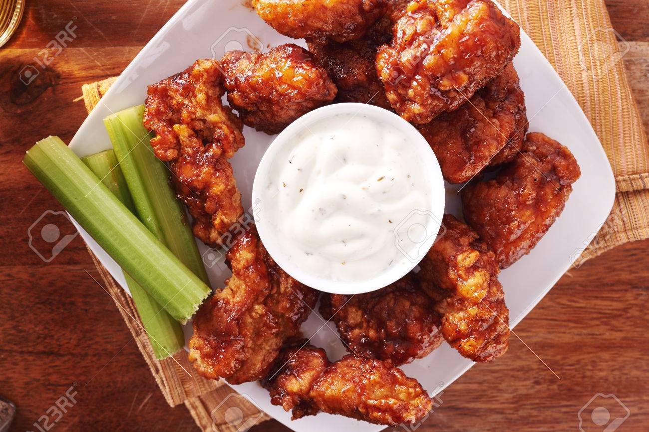 Bbq Buffalo Chicken Wings With Beer Ranch And Celery Shot Top