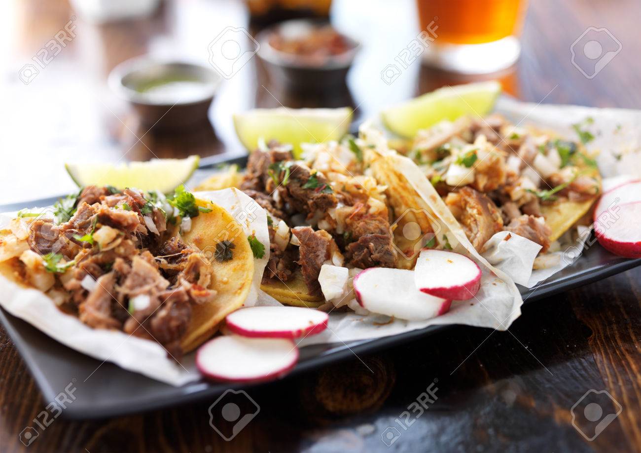 Plate Of Authentic Mexican Street Style Tacos With Radish Slices Stock Photo Picture And Royalty Free Image Image 47617651