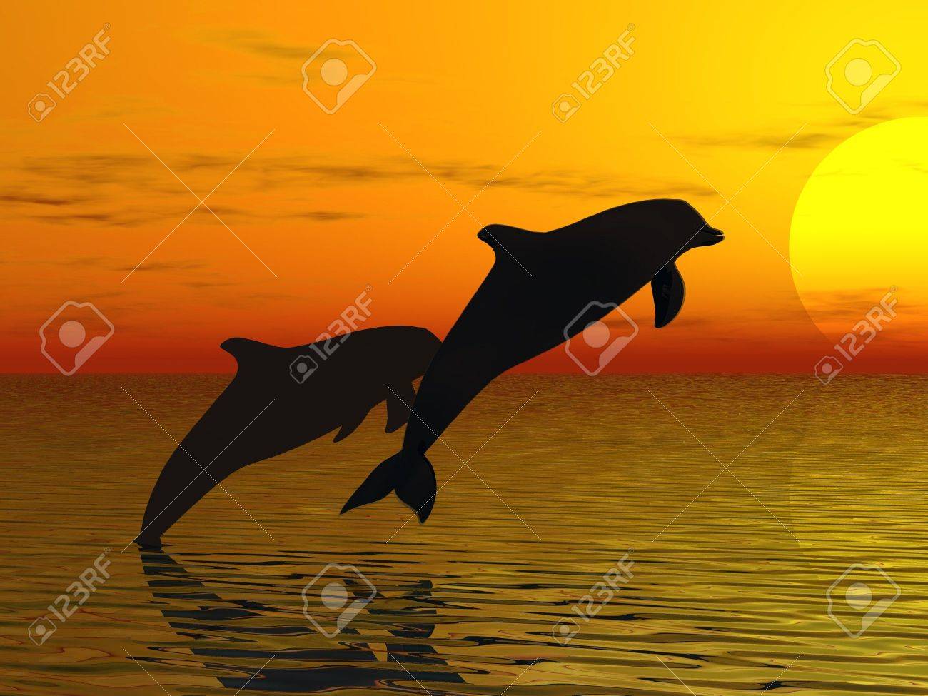 Couple Of Dolphins Swimming In Sunset Background - 3d Render Illustration  Stock Photo, Picture and Royalty Free Image. Image 2725063., image size:1300x975