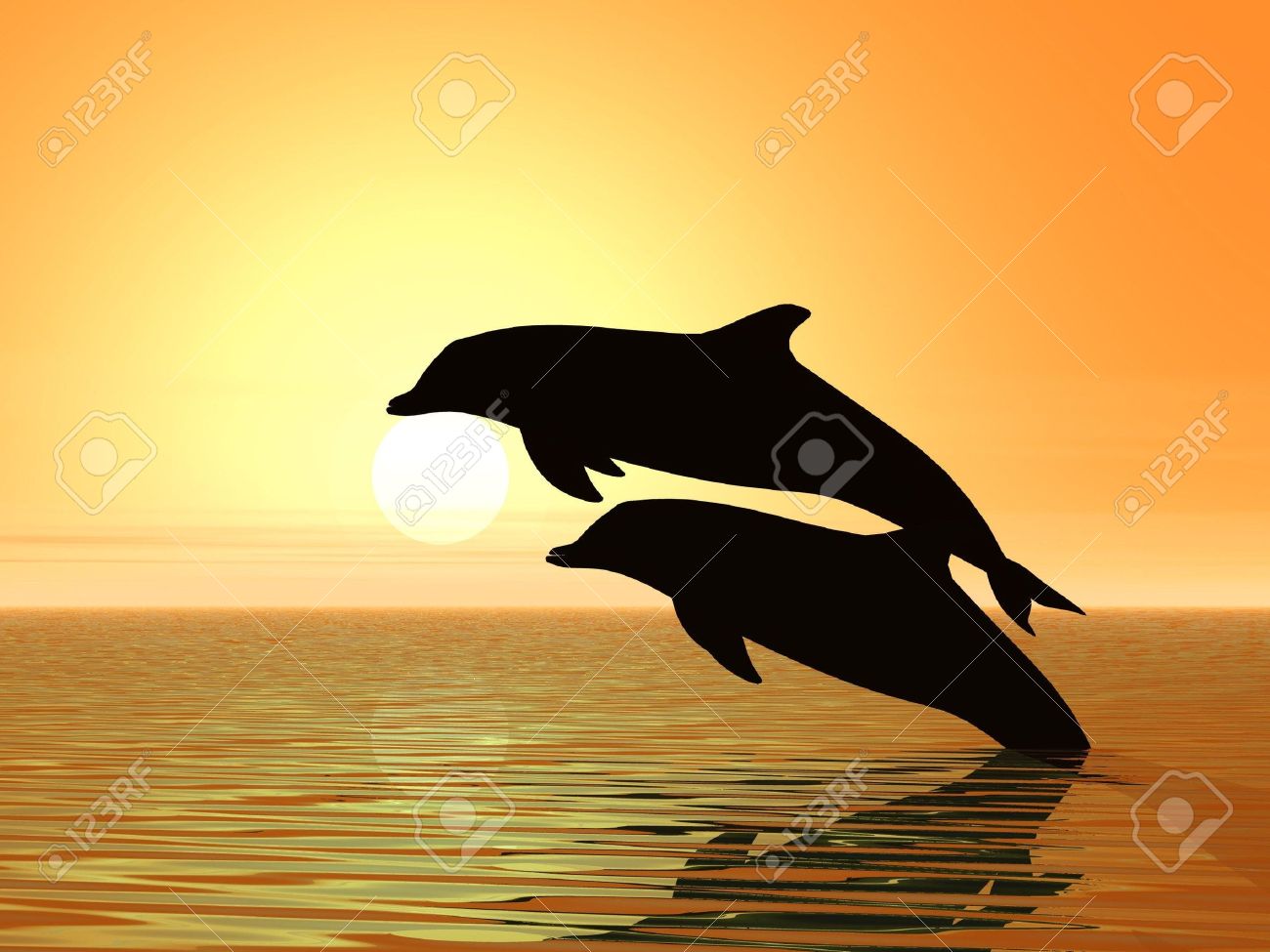 Couple Of Dolphins Swimming In Sunset Background - 3d Render Illustration  Stock Photo, Picture and Royalty Free Image. Image 2725057., image size:1300x975