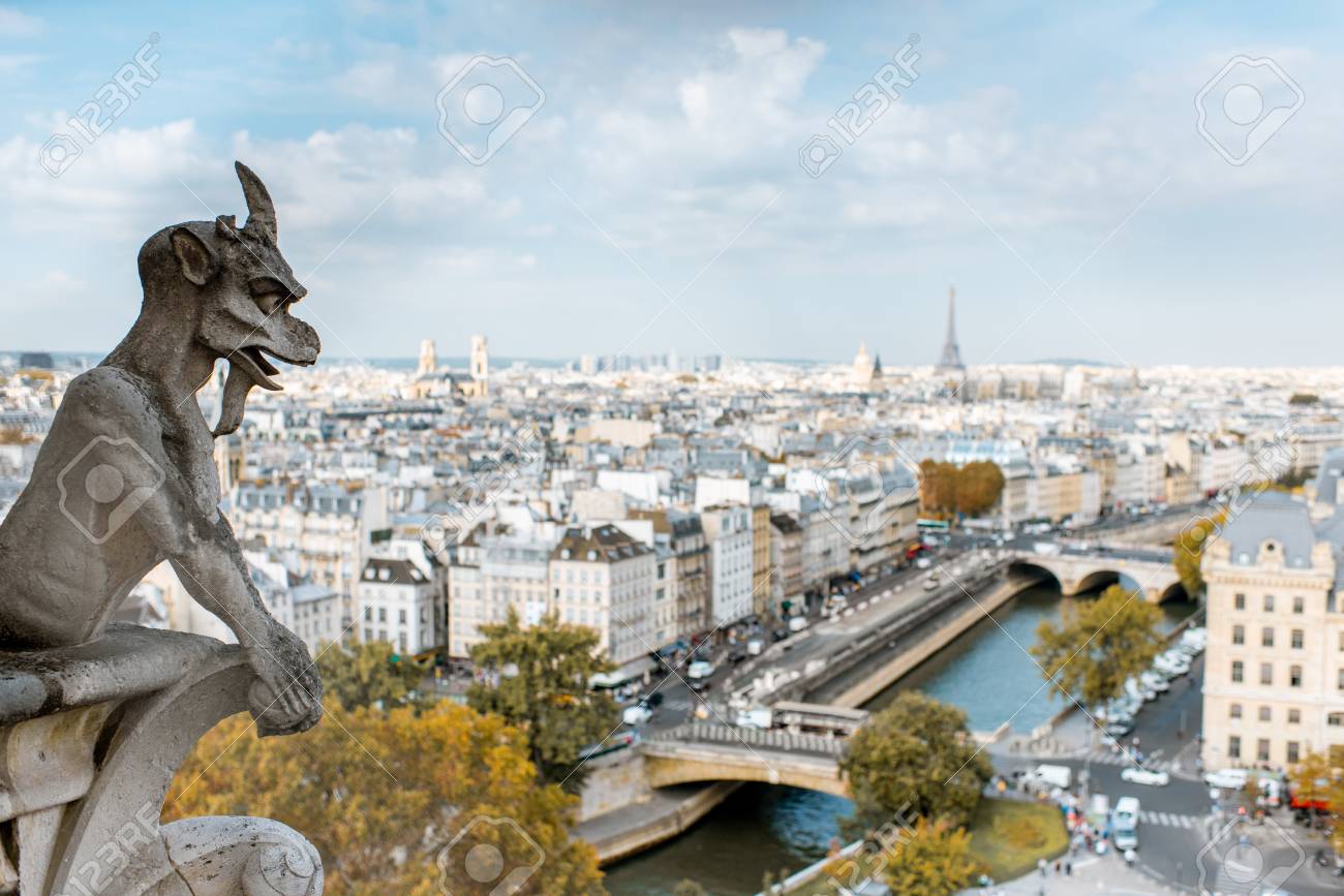 Aerial panoramic view of Paris with gargoyle sculpture on the Notre-Dame cathedral during the morning light in France - 110616070 Aerial panoramic view of Paris with gargoyle sculpture on the Notre-Dame cathedral during the morning light in France - 110616070