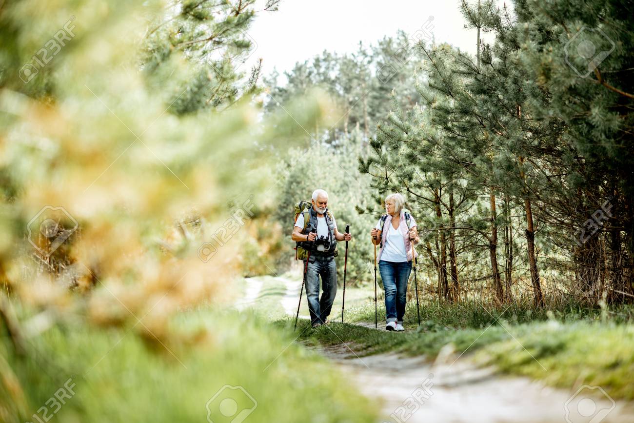 Happy senior couple hiking with trekking sticks and backpacks at the young pine forest. Enjoying nature, having a good time on their retirement - 122705763 Happy senior couple hiking with trekking sticks and backpacks at the young pine forest. Enjoying nature, having a good time on their retirement - 122705763