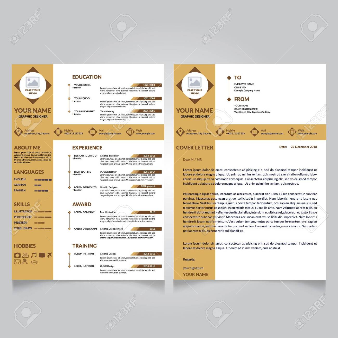 스톡 콘텐츠 - 세련된 이력서 디자인 - 이력서 커버 레터 템플릿 - 컬러 배경 - 커버 레터 - 벡터 로열티 무료 사진, 그림,  이미지 그리고 스톡포토그래피. Image 146876184