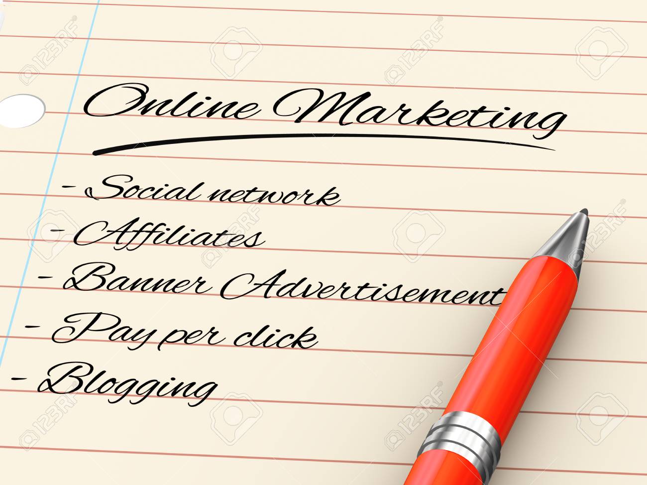 3d Render Of Pen On Paper Written Online Marketing Stock Photo