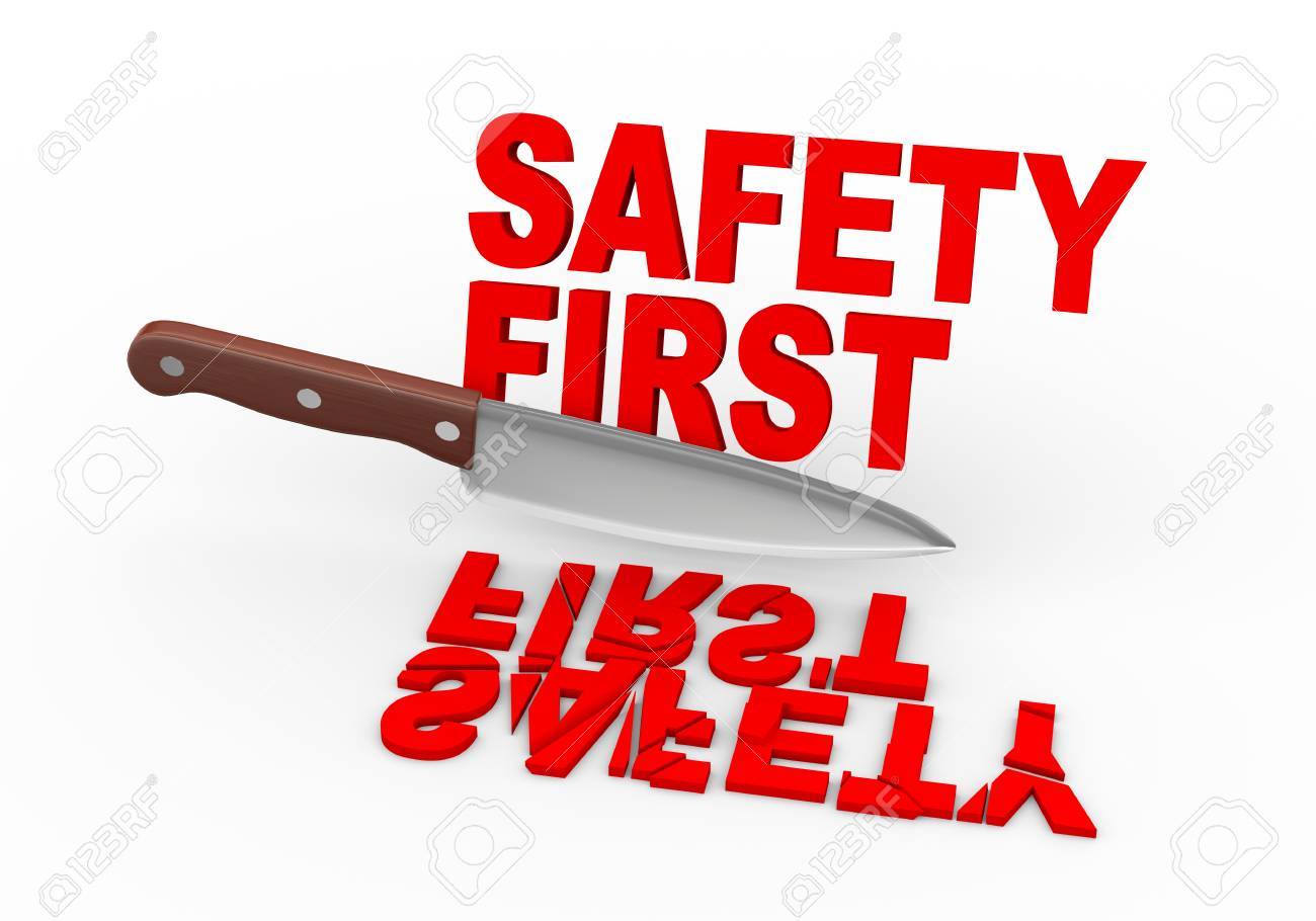 3d Illustration Of Large Knife Cutting Text Safety First Stock