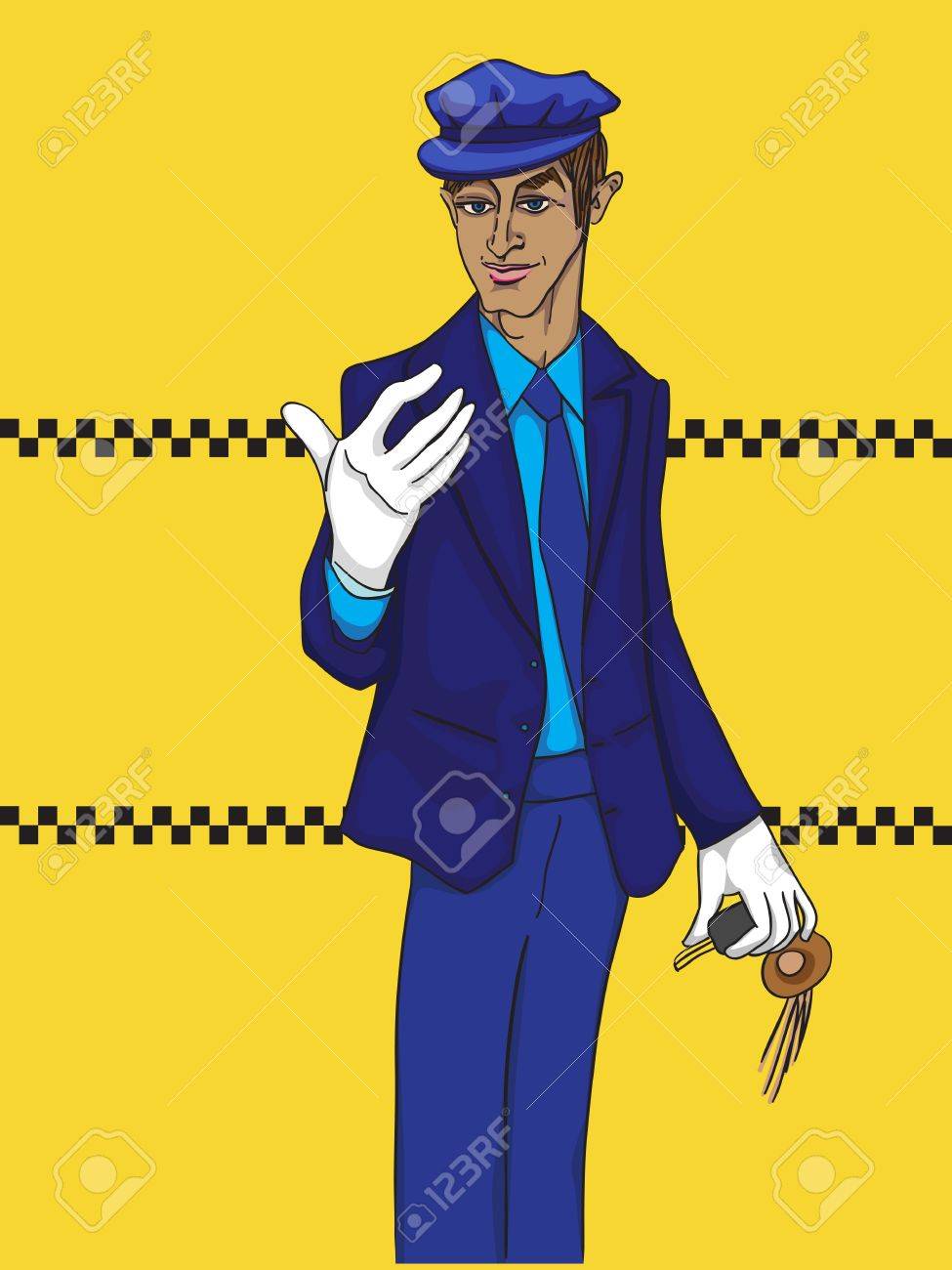手描きイラスト白い手袋のリムジン運転手のタクシーのタイルと黄色の背景上のイラスト素材 ベクタ Image 手描きイラスト白い手袋のリムジン運転手のタクシーのタイルと黄色の背景上のイラスト素材 ベクタ Image