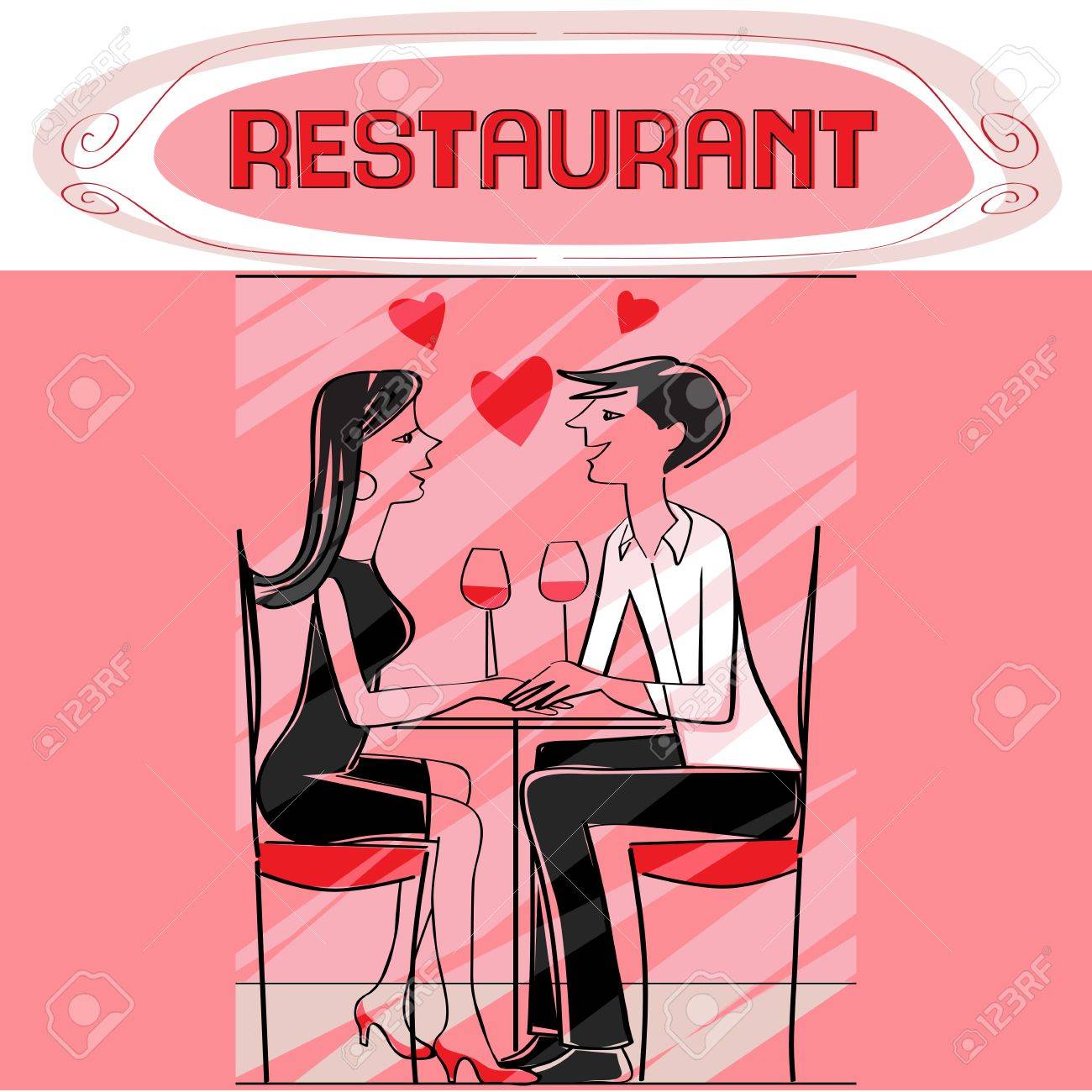 手には 2 人の恋人 レストランでの食事やおしゃべり ワイン ピンクのバレンタイン カードのイラストが描かれました のイラスト素材 ベクタ Image
