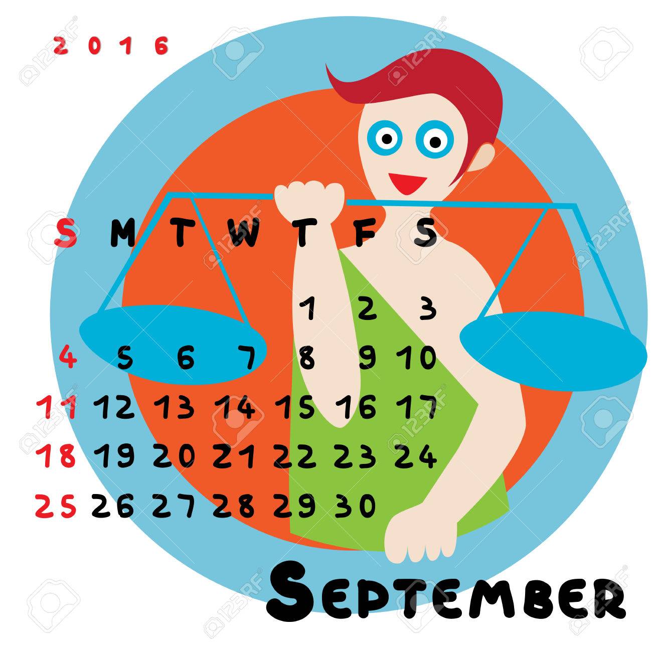元の手で 2016 年 9 月のカレンダーのグラフィック イラスト描画