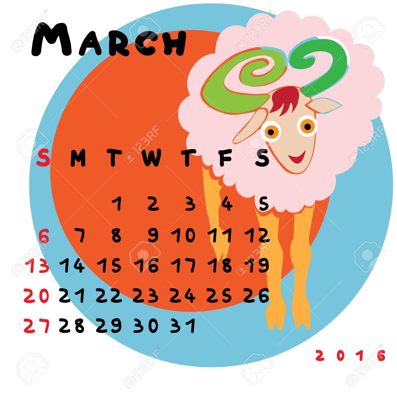 元の手で 2016 年 3 月のカレンダーのグラフィック イラスト描画