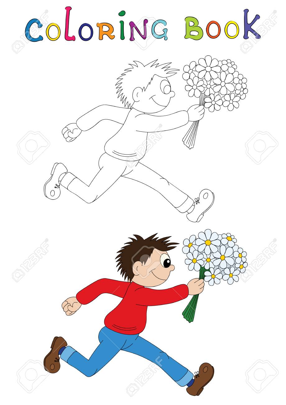 花と走っている漫画少年のイラストです バレンタインの日のイラスト素材 ベクタ Image