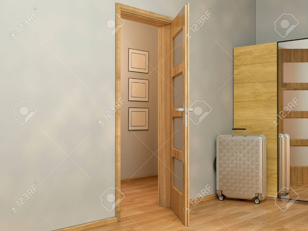 3 D レンダリングのインテリア デザイン モダンなミニマリスト スタイルのワンルーム マンションに住んでいます 図は部屋 廊下 キャビネットにドアを開けて の写真素材 画像素材 Image