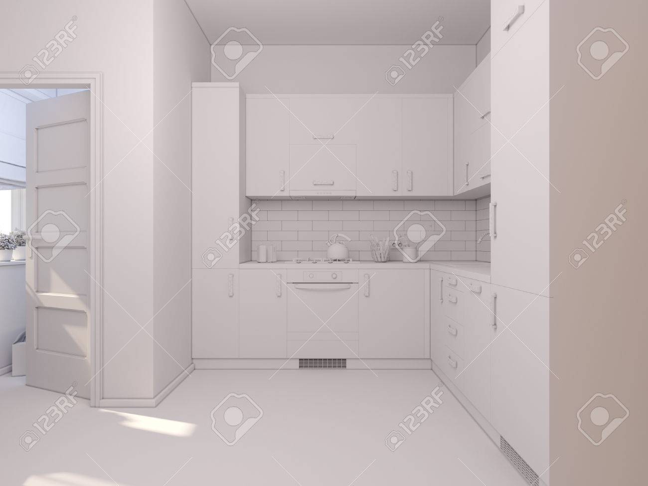 近代的なミニマリスト スタイルのワンルーム マンションのインテリア デザイン キッチンの 3 D をレンダリングします 図は赤と木製の色 Fasades でコーナー キッチン の写真素材 画像素材 Image