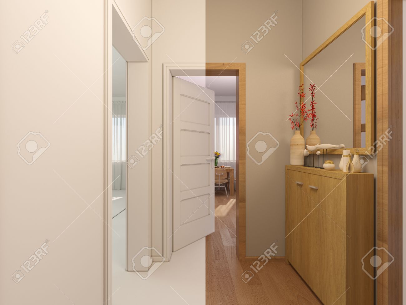 3 D レンダリング 近代的なミニマリスト スタイルでワンルーム マンションにインター デザイン玄関ホールのコラージュです 図はリビング ルーム キッチン 廊下の扉を開く の写真素材 画像素材 Image