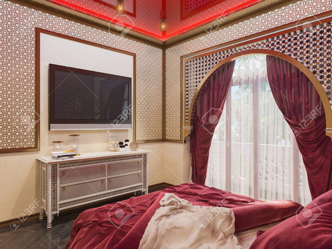 3d Illustration Bedroom Interior Design Of A Hotel Room In A Traditional Islamic Style Beautiful Deluxe Room Ramdan Kareem Background Interior View Decorated With Islamic Motifs Stock Photo Picture And Royalty Free