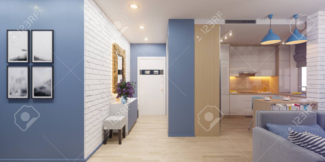 北欧スタイルのアパートのインテリア デザインの 3 D イラストレーション 温かみのある色調のインテリアのパノラマの建築の可視化 ホール キッチン リビング ルームを表示します の写真素材 画像素材 Image