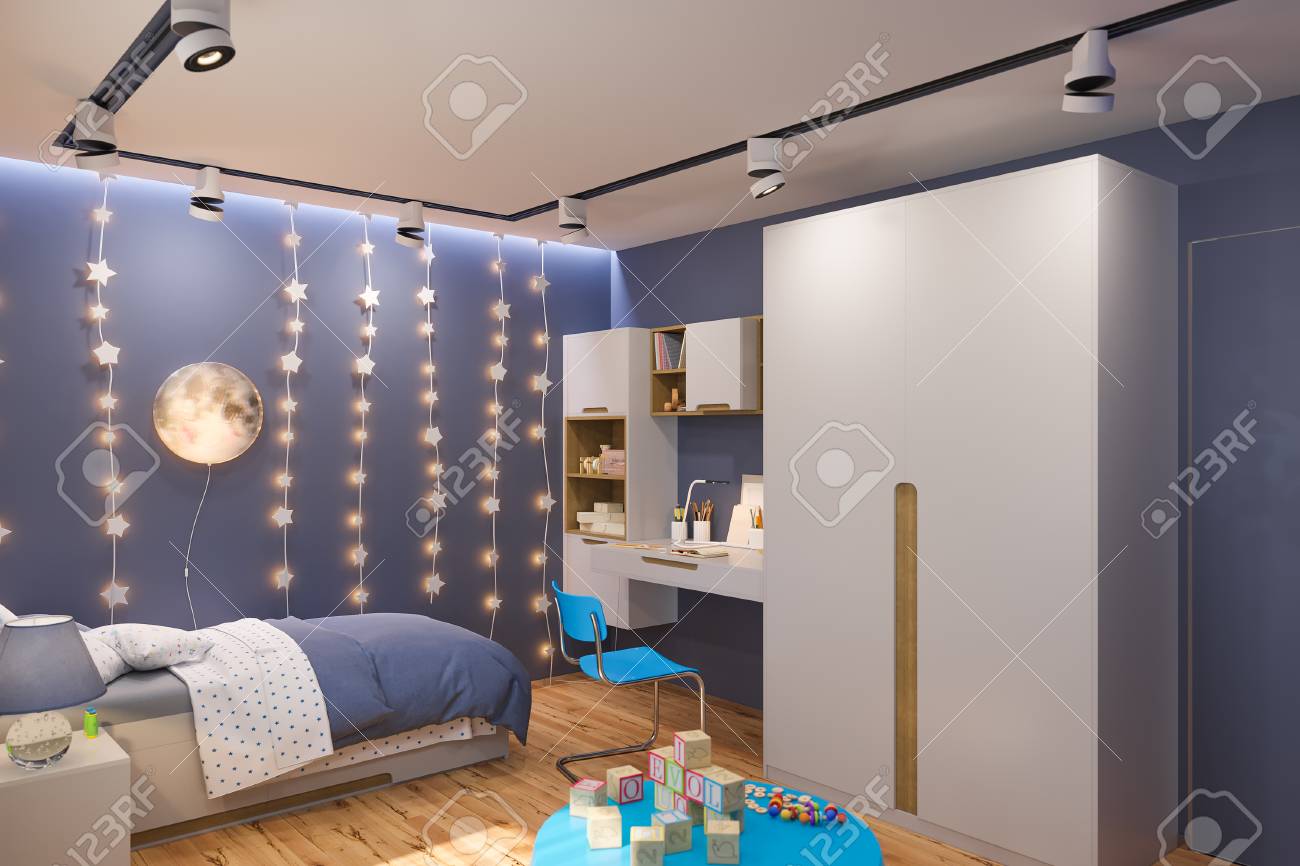 3d Render Of The Childrens Bedroom In Deep Blue Color Visualization